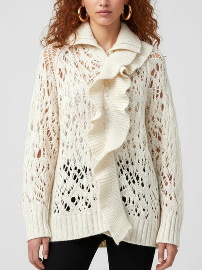 Open-Knit Ruffle-Trim Fold-Over Collar Sweater