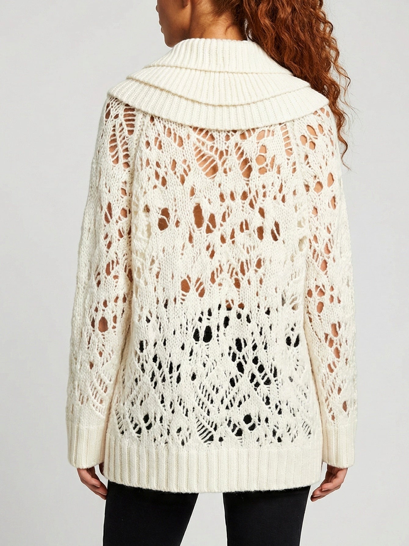 Open-Knit Ruffle-Trim Fold-Over Collar Sweater