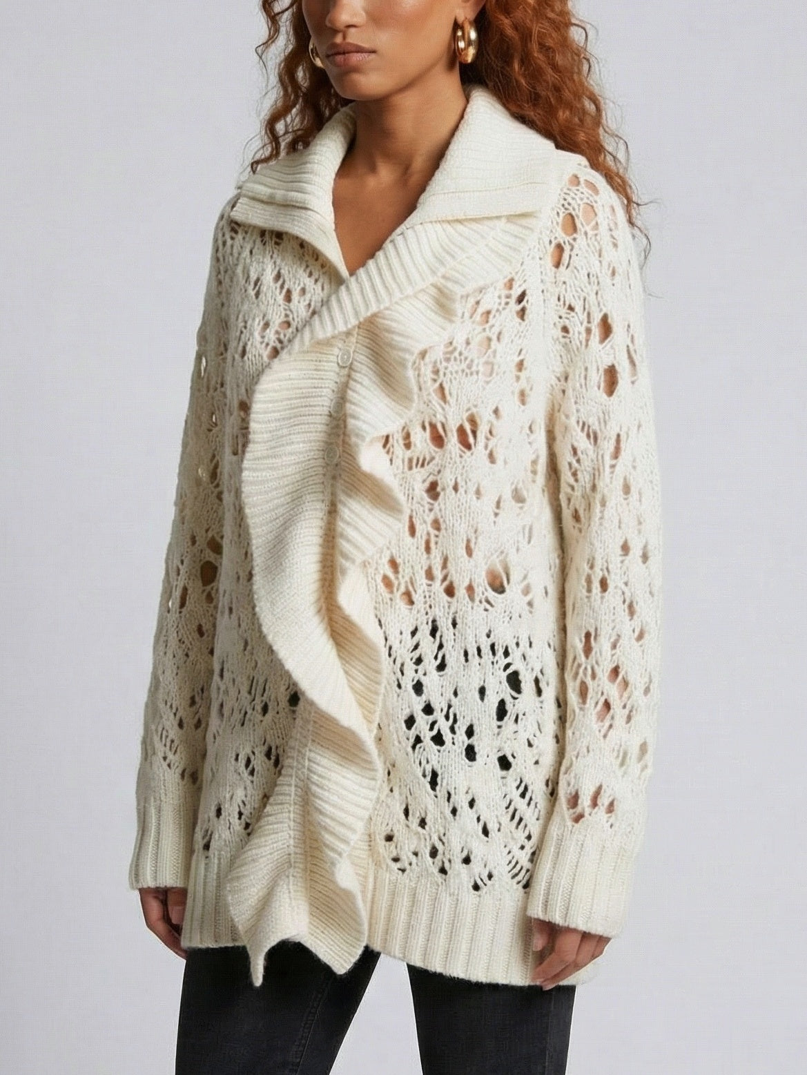 Open-Knit Ruffle-Trim Fold-Over Collar Sweater