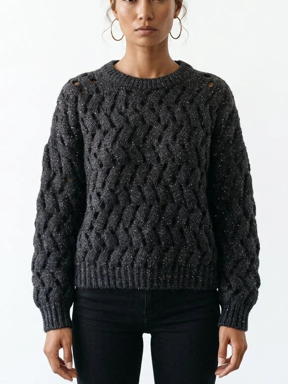 Open Cable Knit Sweater with Sequin Detail - Small - Sweaters & Knitwear