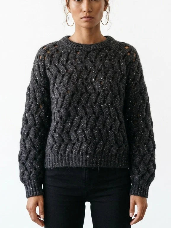 Open Cable Knit Sweater with Sequin Detail - Sweaters & Knitwear