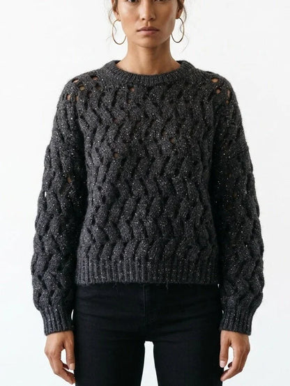 Open Cable Knit Sweater with Sequin Detail - Sweaters & Knitwear