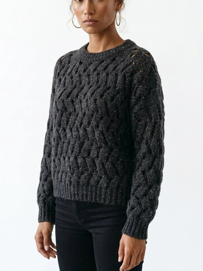 Open Cable Knit Sweater with Sequin Detail - Sweaters & Knitwear