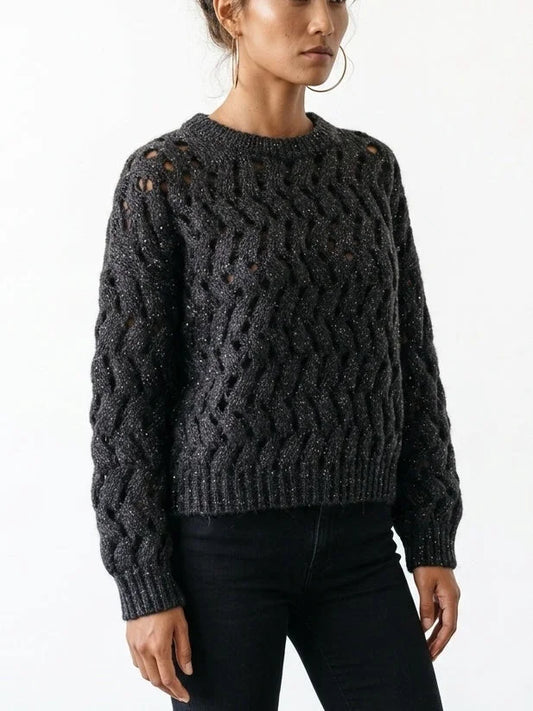 Open Cable Knit Sweater with Sequin Detail - Sweaters & Knitwear