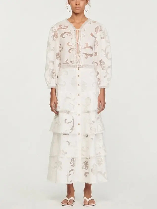 Openwork Tie Neck Blouse and Tiered Maxi Skirt Set - Small - Suits & Sets