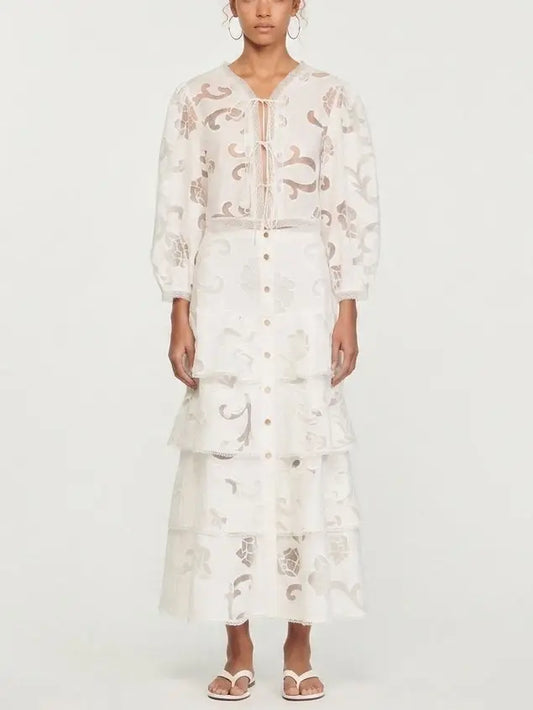 Openwork Tie Neck Blouse and Tiered Maxi Skirt Set - Small - Suits & Sets