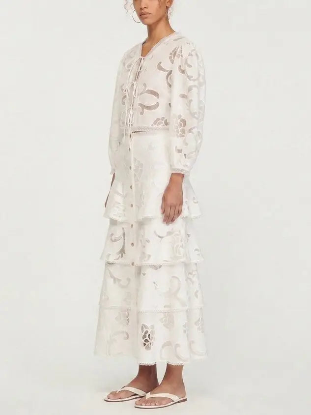 Openwork Tie Neck Blouse and Tiered Maxi Skirt Set - Suits & Sets