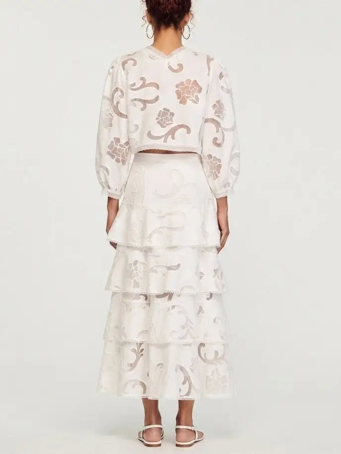 Openwork Tie Neck Blouse and Tiered Maxi Skirt Set - Suits & Sets