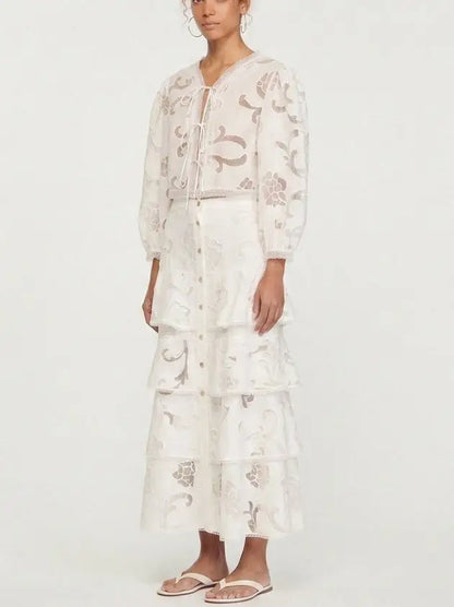 Openwork Tie Neck Blouse and Tiered Maxi Skirt Set - Suits & Sets