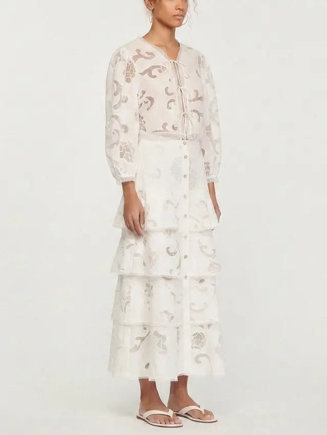 Openwork Tie Neck Blouse and Tiered Maxi Skirt Set - Suits & Sets