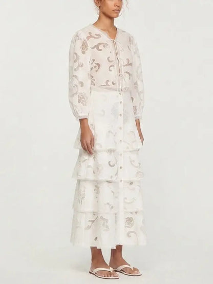 Openwork Tie Neck Blouse and Tiered Maxi Skirt Set - Suits & Sets