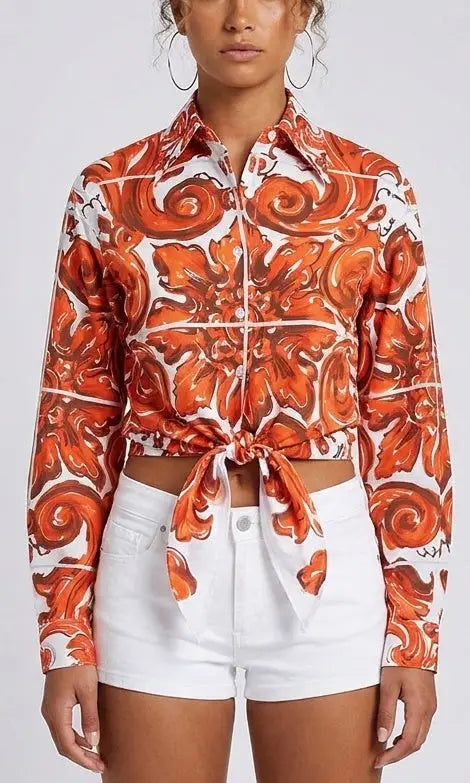 Orange Baroque Print Tie Front Cotton Shirt - S - Tops