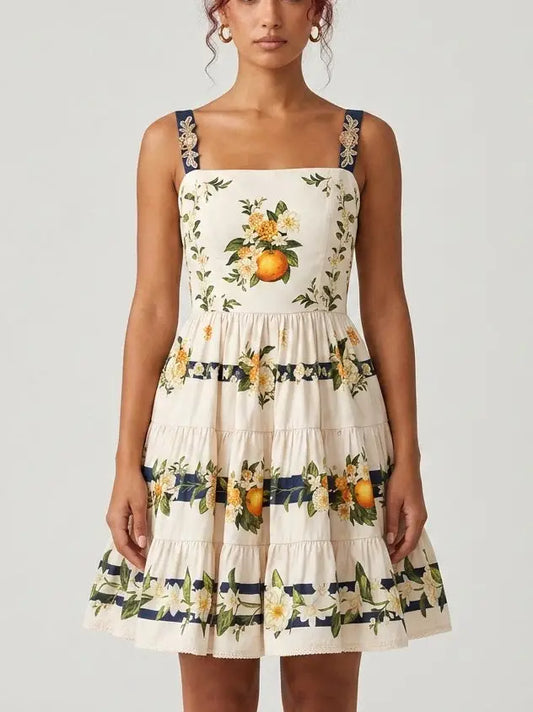 Orange Blossom Floral Cotton Tiered Mini Dress - S - Dresses