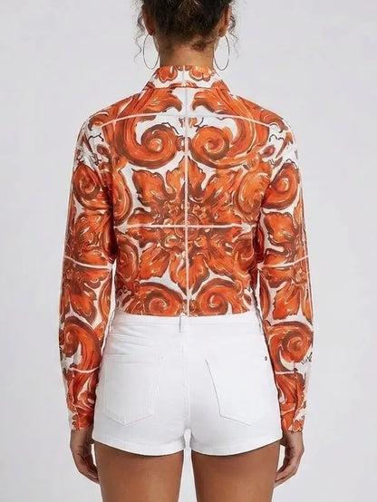 Orange Baroque Print Tie Front Cotton Shirt - Tops