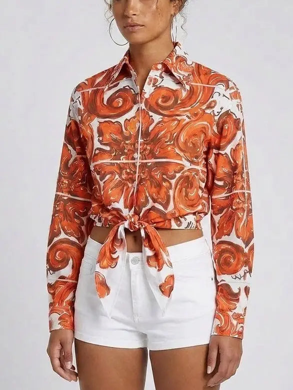 Orange Baroque Print Tie Front Cotton Shirt - Tops