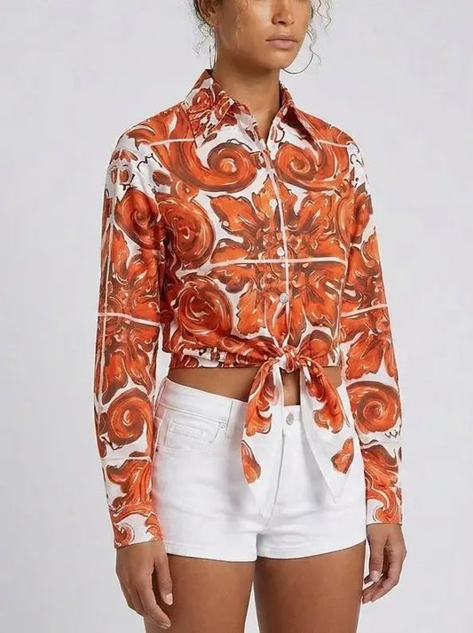 Orange Baroque Print Tie Front Cotton Shirt - Tops