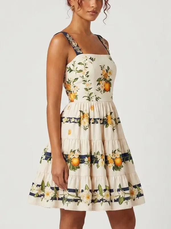 Orange Blossom Floral Cotton Tiered Mini Dress - Dresses