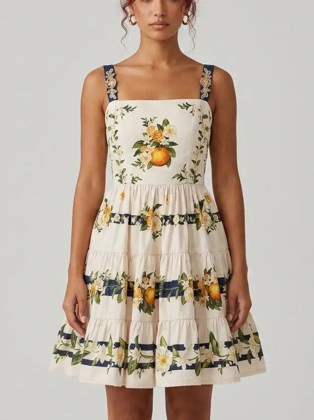 Orange Blossom Floral Cotton Tiered Mini Dress - Dresses
