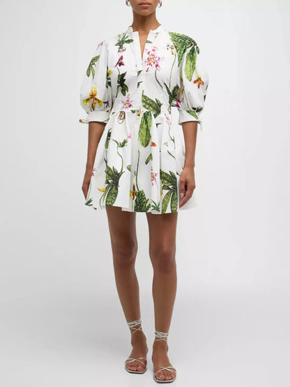 Women’s Orchid-Print Open-Back Mini Shirt-Dress Branna Couture