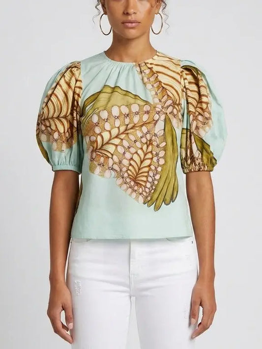 Ornamental Print Puff Sleeve Cotton Blouse - S - Tops