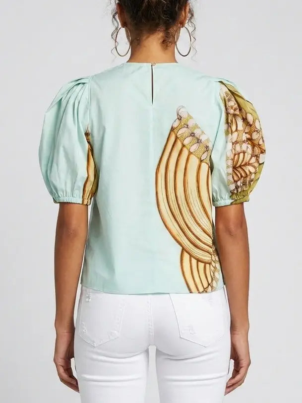 Ornamental Print Puff Sleeve Cotton Blouse - Tops