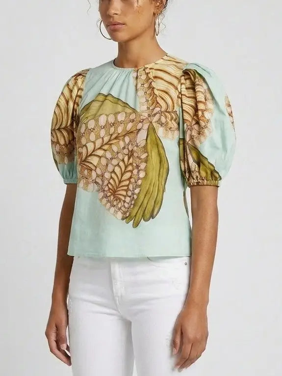 Ornamental Print Puff Sleeve Cotton Blouse - Tops