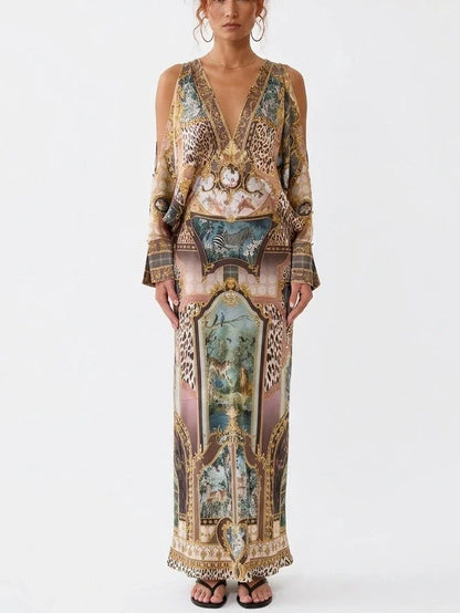 Long Printed Silk Shirt Dress with Fitted Waist - S - Dresses
