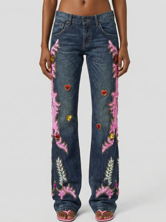 Ornate Sequin and Jewel Embellished Jeans - S - Jeans & Pants