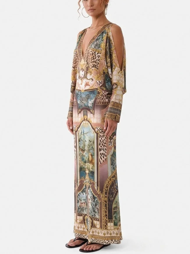 Long Printed Silk Shirt Dress with Fitted Waist - Dresses
