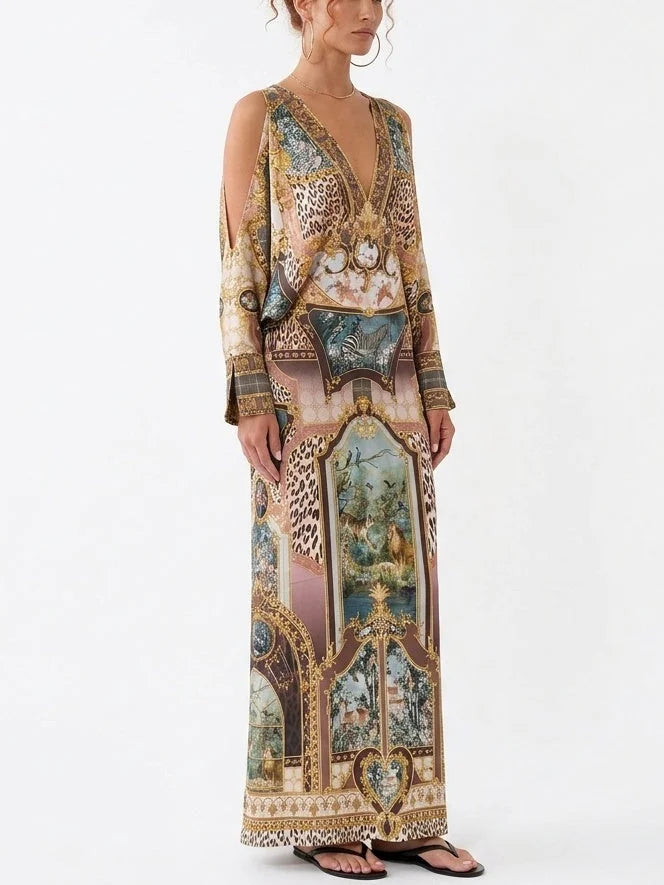 Long Printed Silk Shirt Dress with Fitted Waist - Dresses