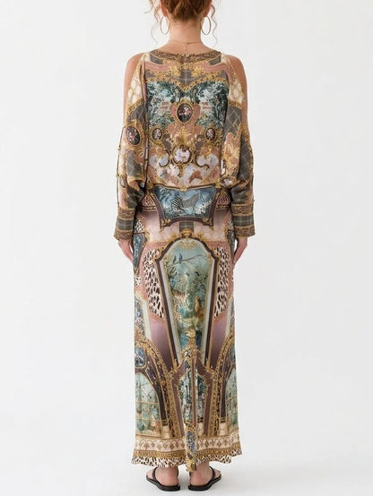 Long Printed Silk Shirt Dress with Fitted Waist - Dresses