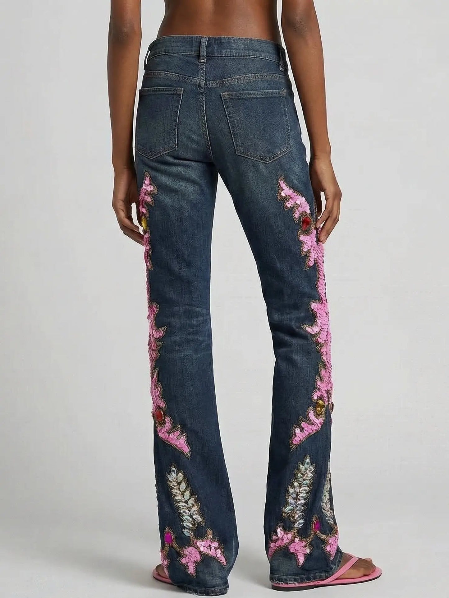 Ornate Sequin and Jewel Embellished Jeans - Jeans & Pants