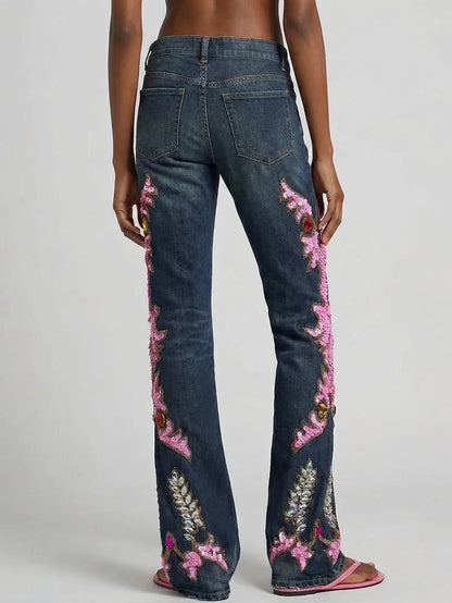 Ornate Sequin and Jewel Embellished Jeans - Jeans & Pants