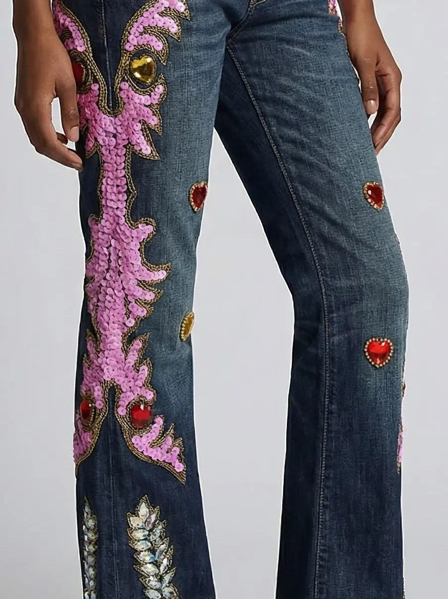 Ornate Sequin and Jewel Embellished Jeans - Jeans & Pants