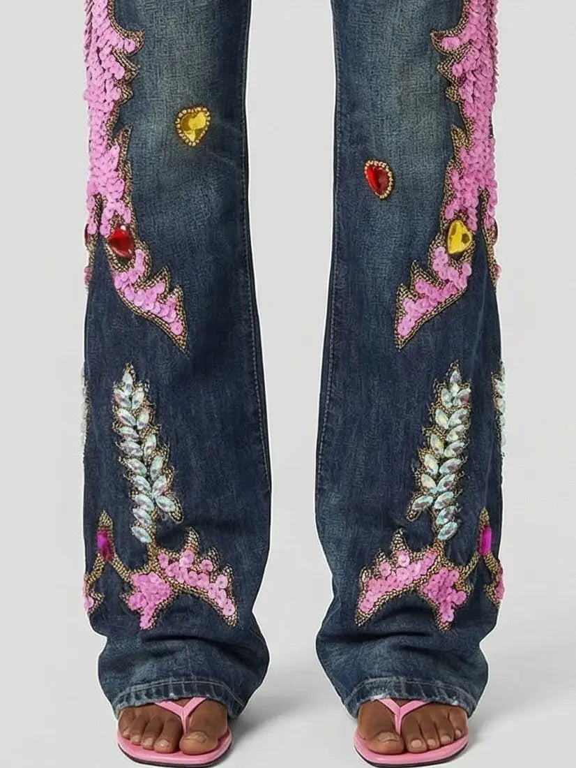 Ornate Sequin and Jewel Embellished Jeans - Jeans & Pants