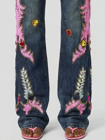 Ornate Sequin and Jewel Embellished Jeans - Jeans & Pants