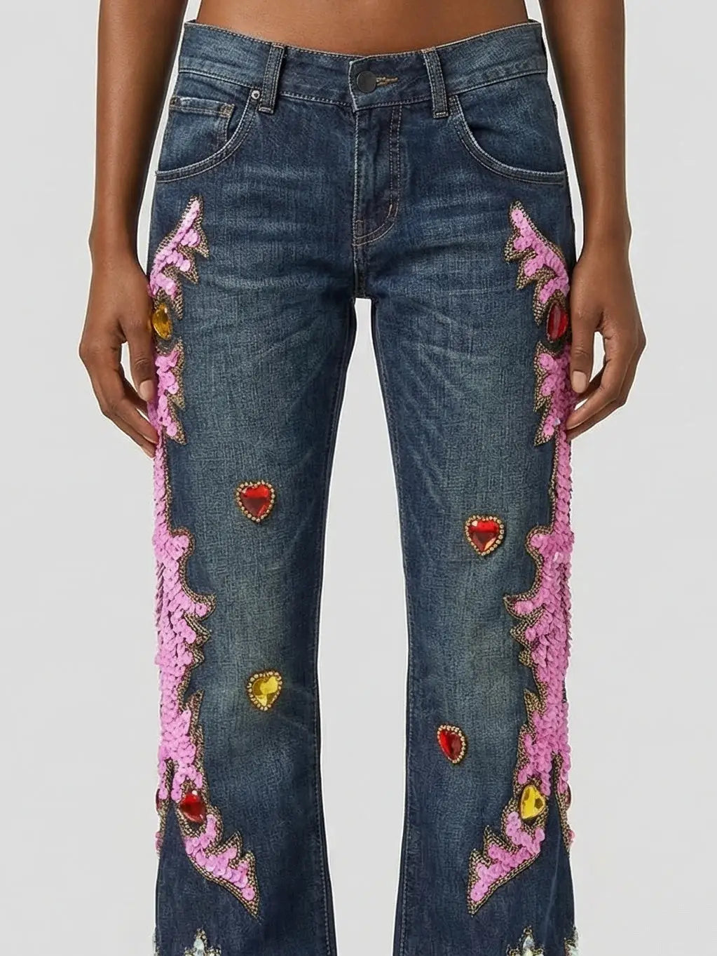 Ornate Sequin and Jewel Embellished Jeans - Jeans & Pants