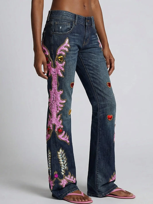 Ornate Sequin and Jewel Embellished Jeans - Jeans & Pants