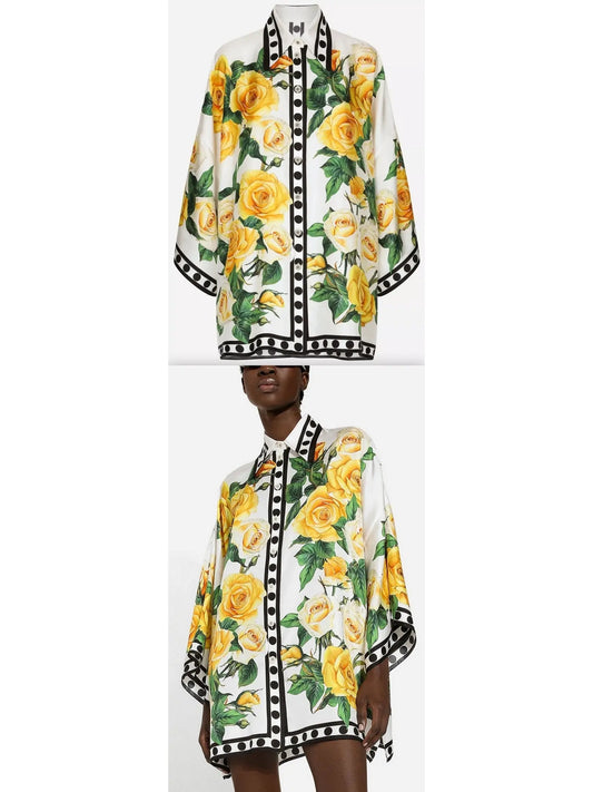 Oversize Silk Twill Shirt with Yellow Rose Print - Branna Couture