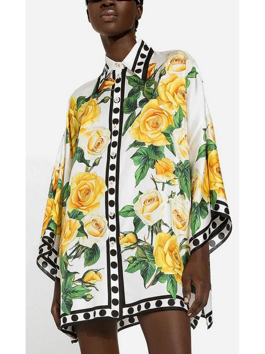 Oversize Silk Twill Shirt with Yellow Rose Print - Branna Couture