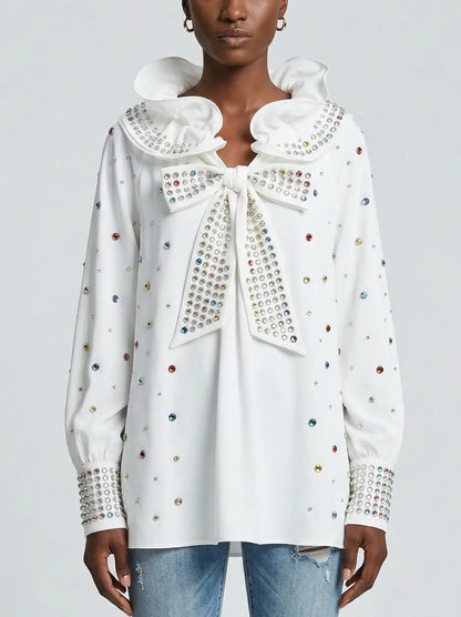 Oversize White Blouse with Bow and Ruffle Collar - Small - Tops