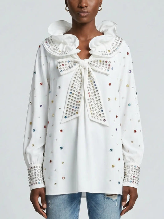 Oversize White Blouse with Bow and Ruffle Collar - Small - Tops