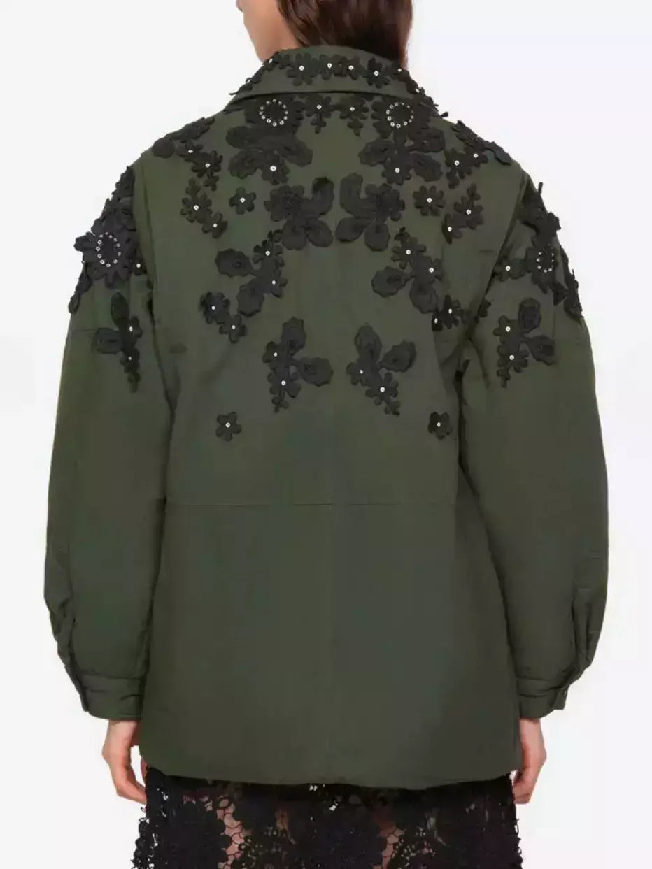 Oversize Embroidered Green Cargo Jacket - Jackets