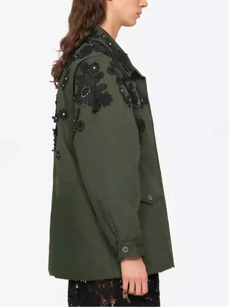 Oversize Embroidered Green Cargo Jacket - Jackets