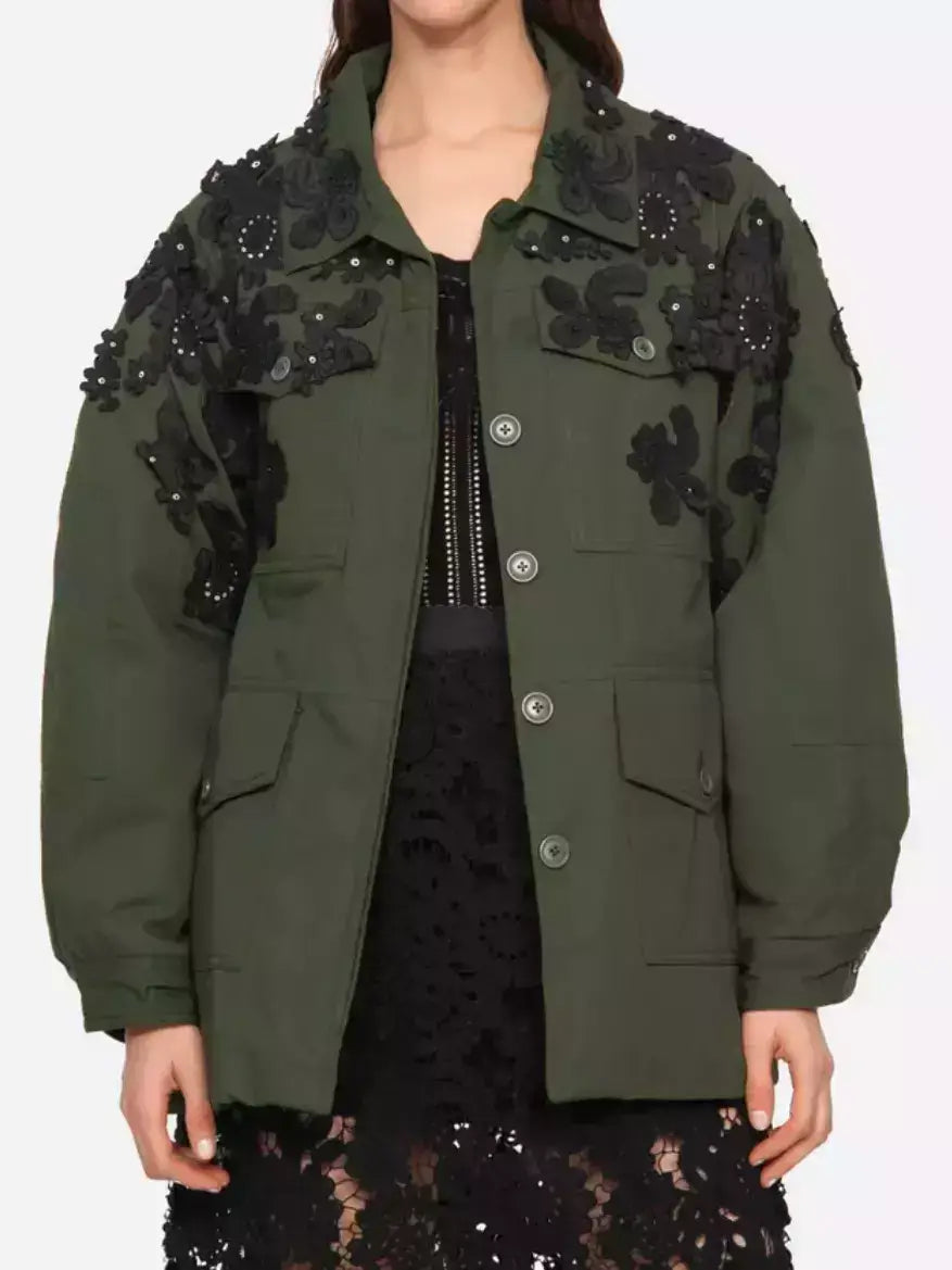 Oversize Embroidered Green Cargo Jacket - Jackets