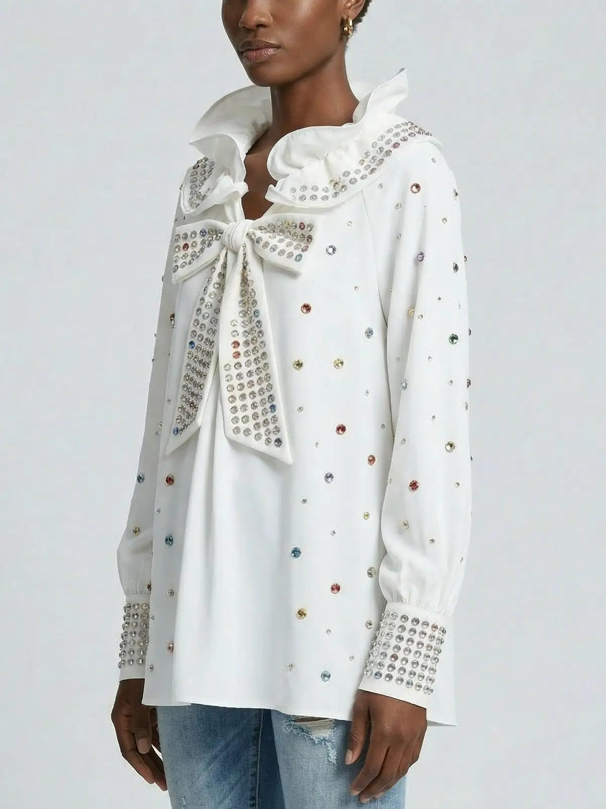 Oversize White Blouse with Bow and Ruffle Collar - Tops