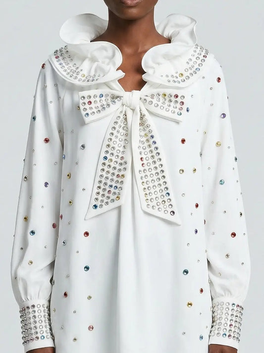 Oversize White Blouse with Bow and Ruffle Collar - Tops