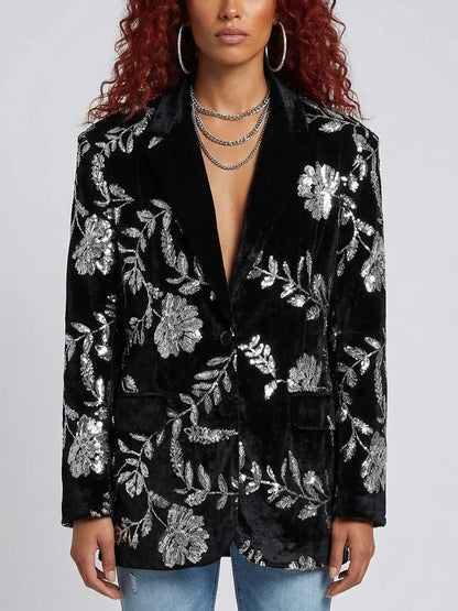 Oversized Black Velvet Sequin-Embroidered Jacket - Medium - Jackets