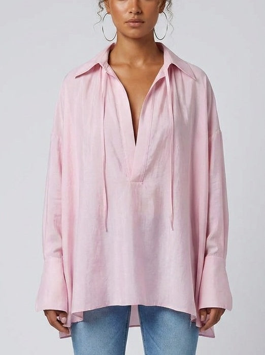 Oversized Blouse with Tie Neck Detail - Small / Pink - Tops