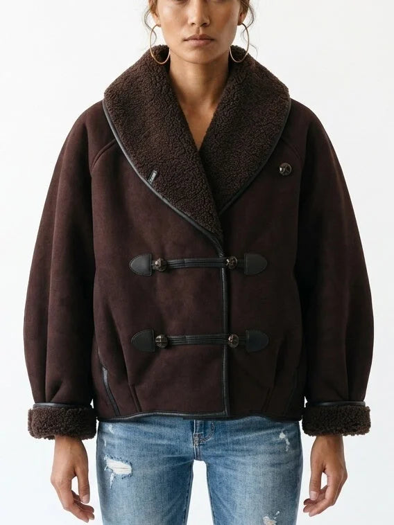 Oversized Faux Suede Jacket with Shearling Trim and Lining - Small - Jackets